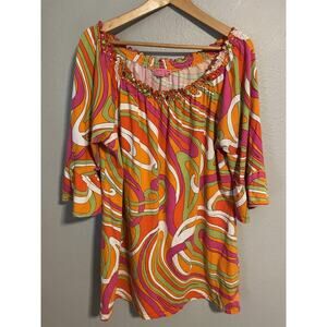 Joyous & Free Tunic Shirt Womens XL Orange Pink Colorful Boho Top 3/4 Sleeve Y2K